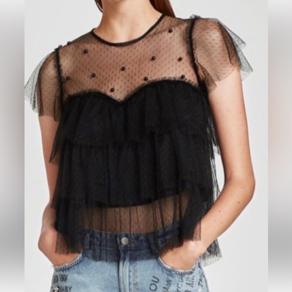 Zara Black Tulle Ruffle Beaded Blouse